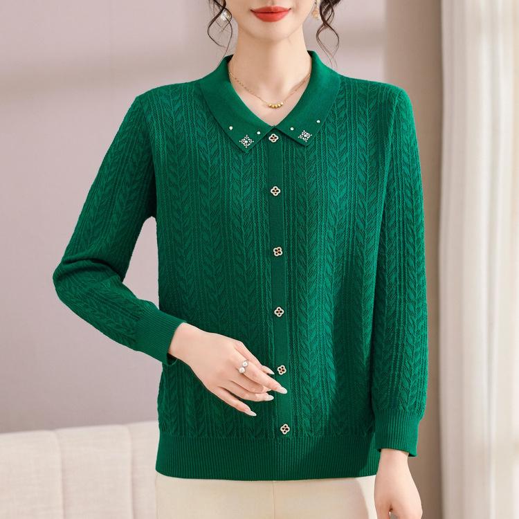 

Middle-aged and Elderly Lapel Autumn Clothes New Knitted Sweater Top Mother Spring and Autumn Long-sleeved Sweater Fashionable Base Shirt 3XL зелёный