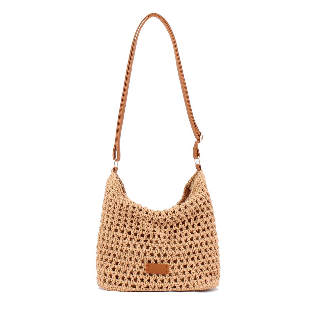 Summer Beige Cotton Knitted Shoulder Bag For Women Bohemian Hobo Crochet Beach Handbag Casual Designer Lady Clutch Purse