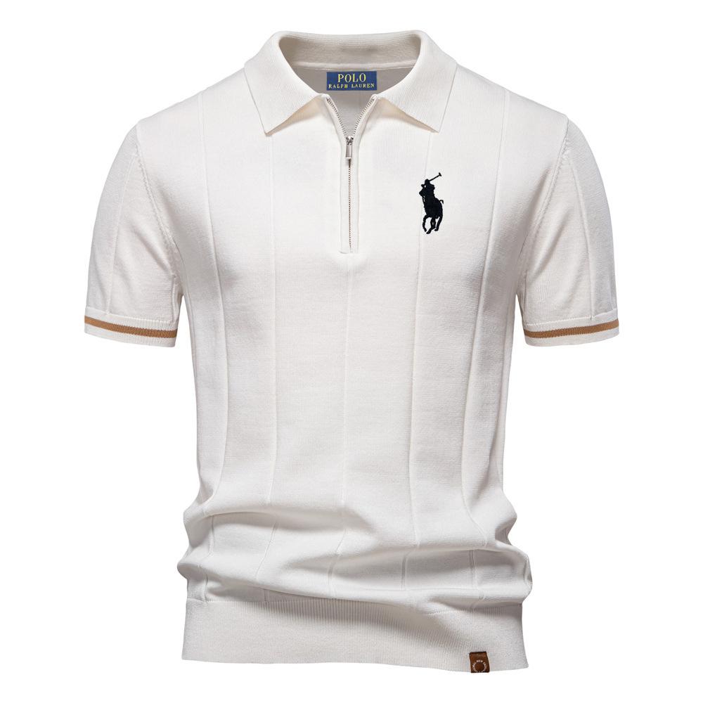 Polo Ralph Lauren Jaro/Léto Pony Vyšívané Nové Pánské Business Casual Vlněné Polokošile, Pletená Polokošile s Límcem na Knoflíčky, Krátký Rukáv