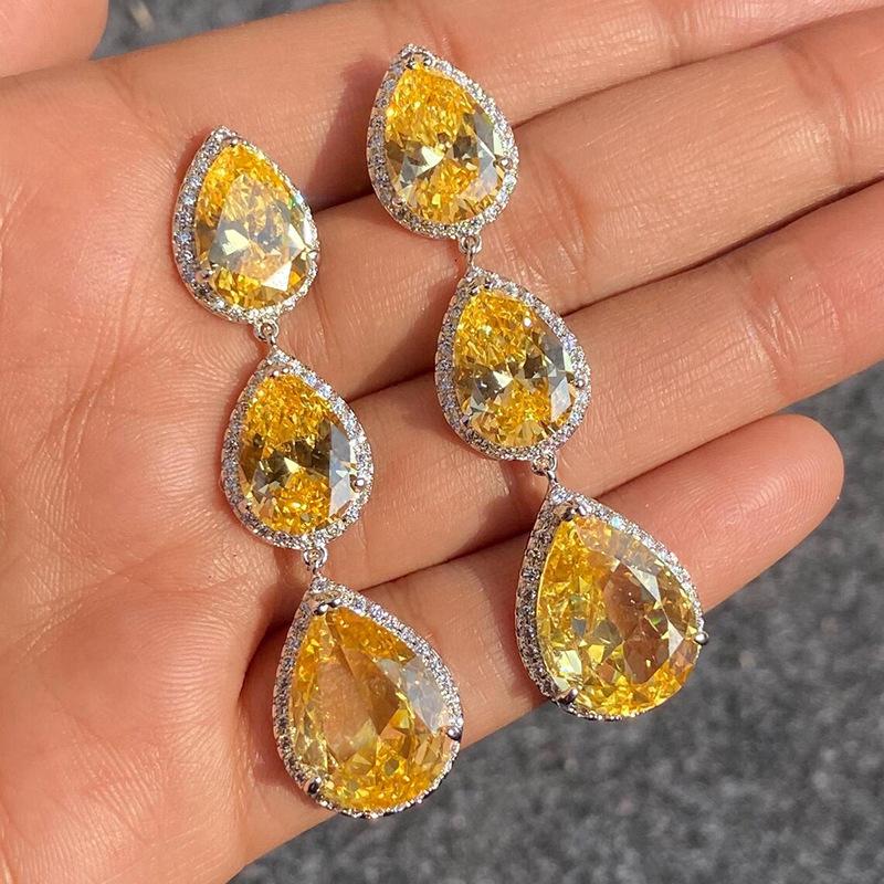 Exquisite Yellow Diamond Water Drop Earrings, Long Earrings Full of Diamonds, Light Luxury Earrings for Dinner Weddings