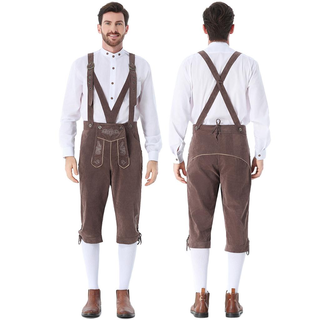 Men's Oktoberfest Costume Set - Long Sleeve Shirt and Suspenders Pants, Two Piece Bavarian Outfit for Festival