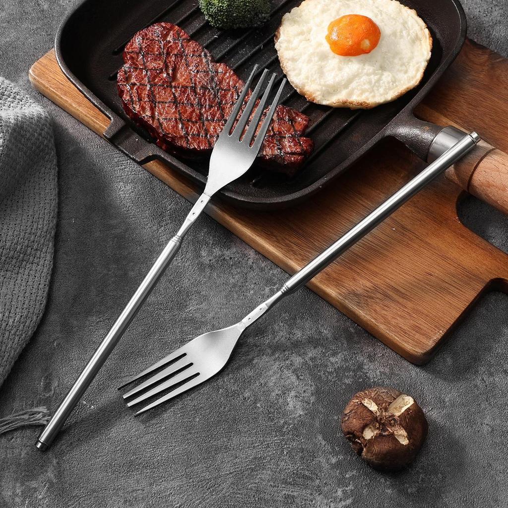 Stainless Steel Telescopic Dining Spork Table Folding Portable Tableware Outdoor Camping Barbecue Fork Household Fork Bbq Tools