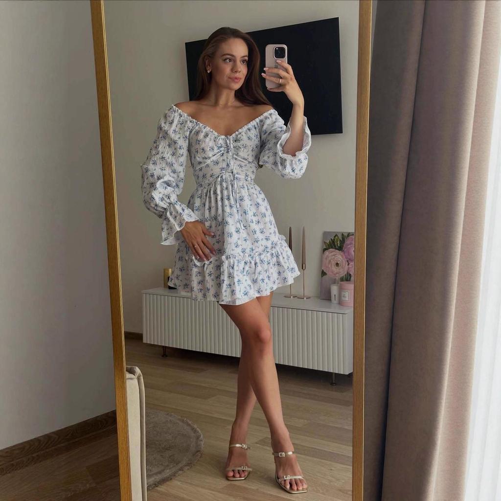 2025 Summer Square Neck Floral Puff Sleeve Dress for Women