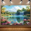 1pc Landscape with Forest and River Background Vivid Flowers and Waterfalls Suitable for Indoor/outdoor Holiday Decorations