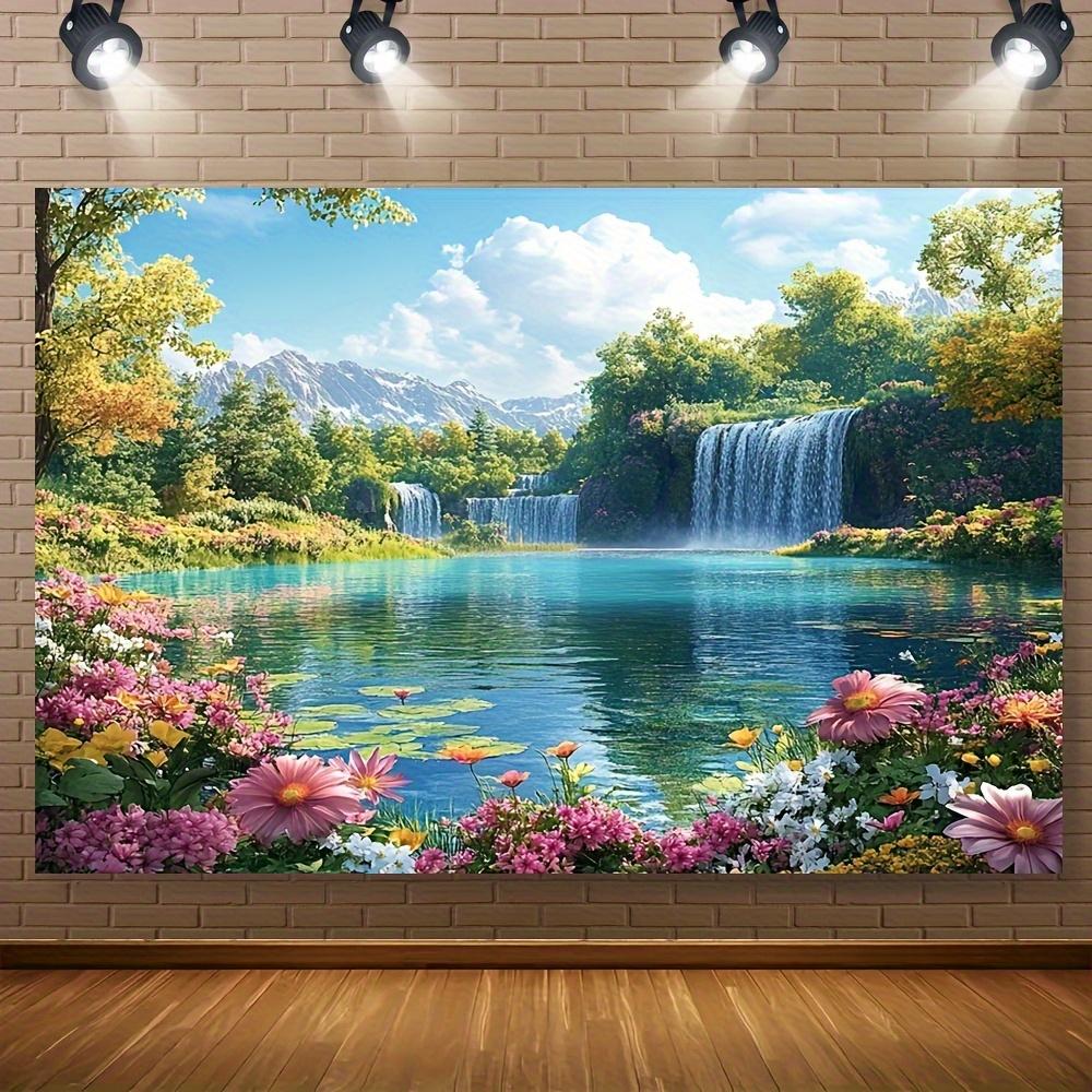 1pc Landscape with Forest and River Background Vivid Flowers and Waterfalls Suitable for Indoor/outdoor Holiday Decorations