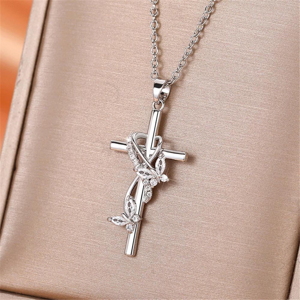 Süßes Weibliches Kristall Weiß Blau Zirkon Stein Schmetterling Kreuz Anhänger Halskette Vintage Silber Farbe Hochzeit Für Frauen