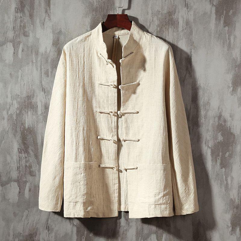 Men's Chinese Style Buttoned Cotton-Linen Stand Collar Shirt, Retro Long-Sleeve Top for Spring and Autumn