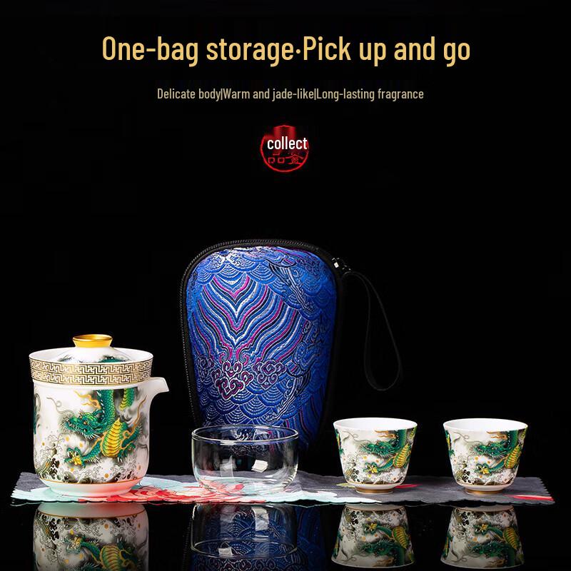 White Porcelain Portable Travel Tea Set - Fish Motif