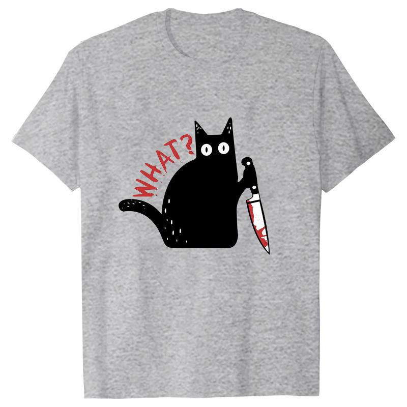 Black Cat with a Knife Rinted Tshirts Unisex Women Unisex Casual Loose Round Neck Creative Personalized Tshirts WHAT Pattern Top
