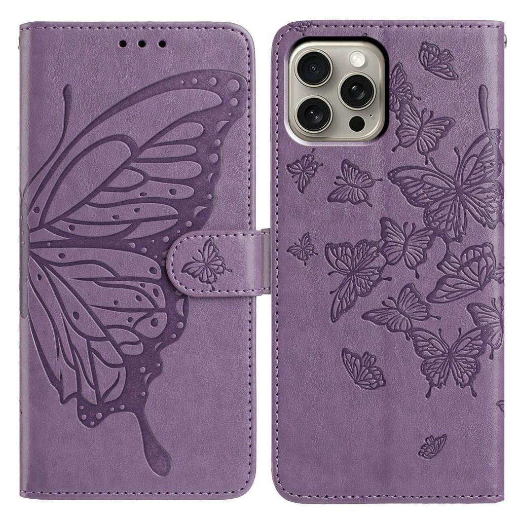 For iPhone 16 Pro Max Case Butterfly Imprinted Wallet Stand PU Leather Flip Phone Cover with Strap
