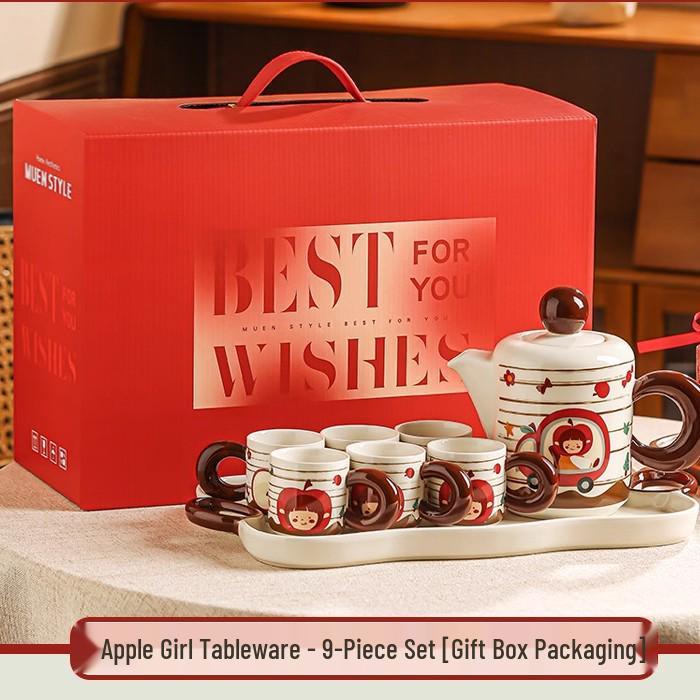 

Vintage Cartoon Ceramic Tea Set: Aesthetic Home Living Room Gift with Teapot & Cups 1000ml