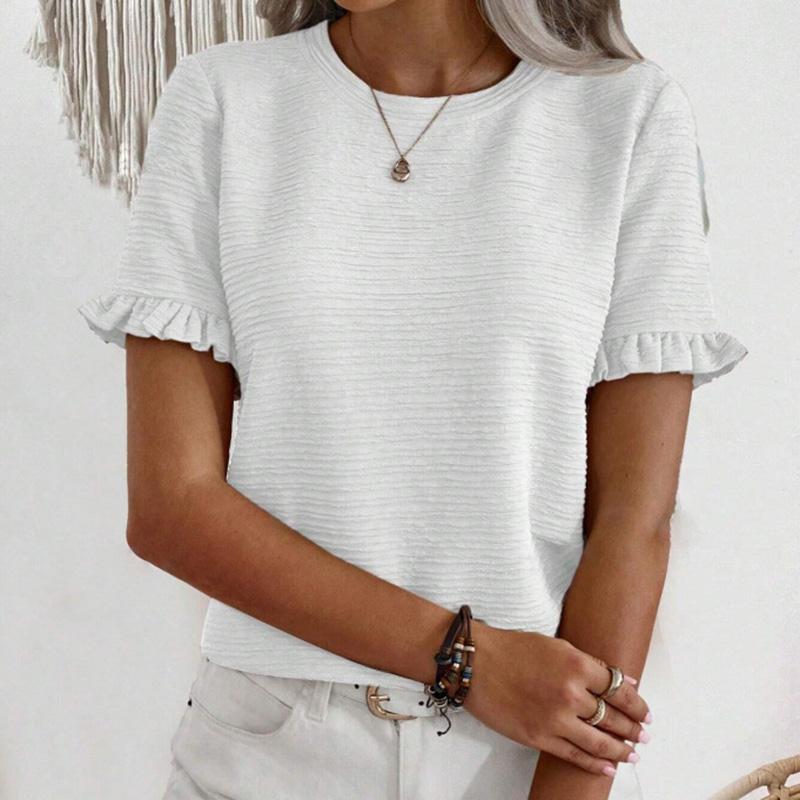 Ladies Summer Ruffles Short Sleeve O Neck Pullover T Shirt Blouse Top