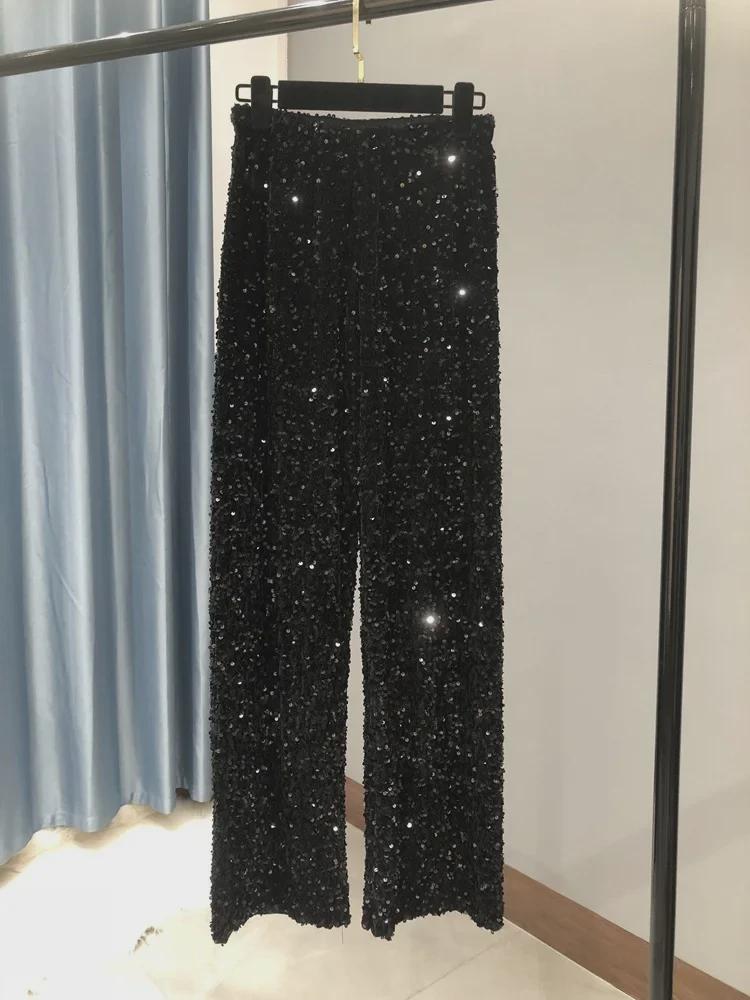 Women's Korean Velvet Sequin Wide-Leg Pants – Thick, Shiny, Extended Straight Fit for Autumn and Winter