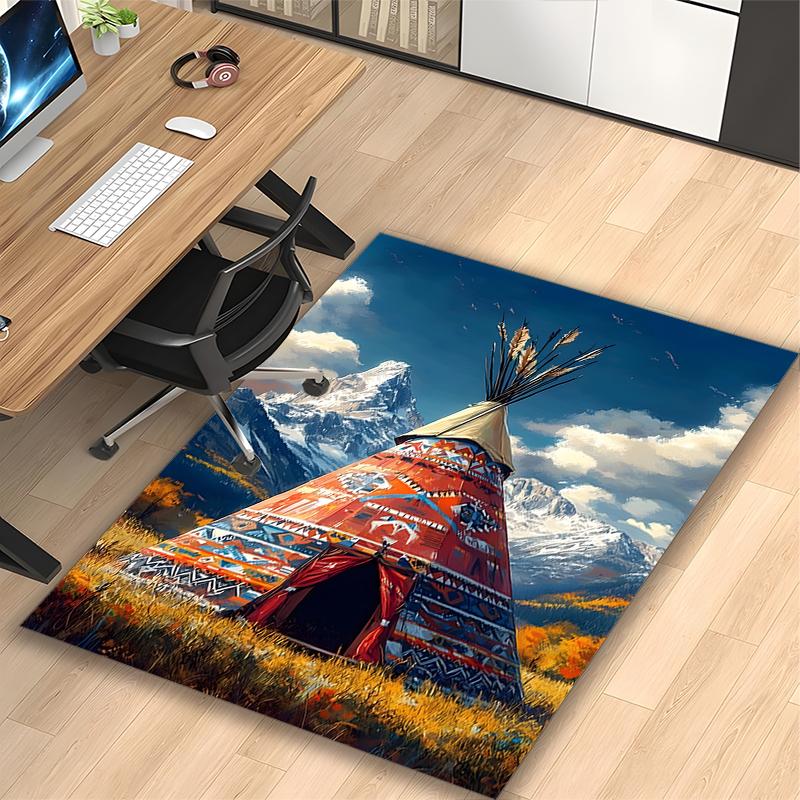 Camping Teepee Scene Rug Ideal for Reading Room, Multi-purpose Office Chair Sofa Carpet, Anti-slip Printed Home Area Rug