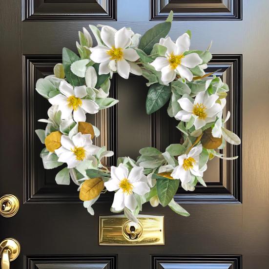 Guirlanda Artificial de Magnólia de 15 Polegadas para Porta da Frente Primavera Verão Guirlanda Floral Falsa com Folhagem para Varanda Entrada Sala de Estar Decoração de Parede