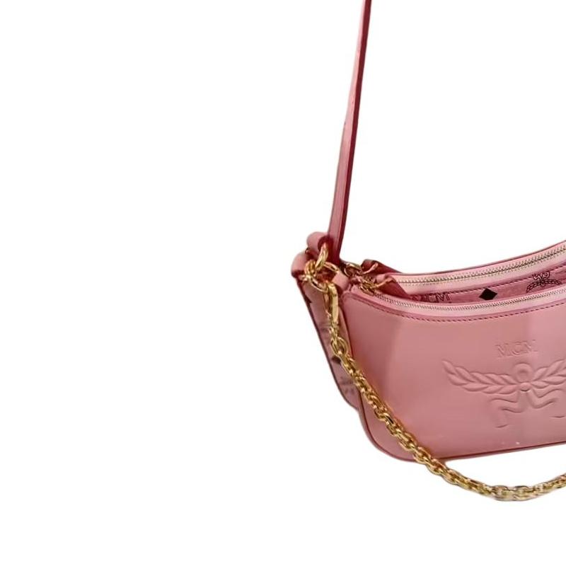 MCM Pink Leather Hobo Shoulder Bag with Gold Chain Strap & Embossed Logo for Daily & Evening Use
