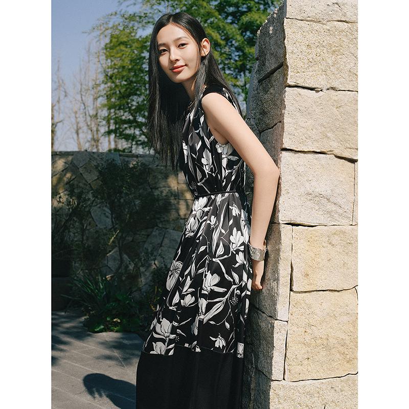 Jiuzi Anna Kou Elegant, Light, Mature, Artistic Flower Sleeveless Silk Waist Dress for Women 2025 Summer New Style