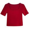 LUXI 2024 Summer Women's Short Sleeve Square Neck Slim Fit T-shirt - Solid Color, High Waist, Exposed Collarbone Style