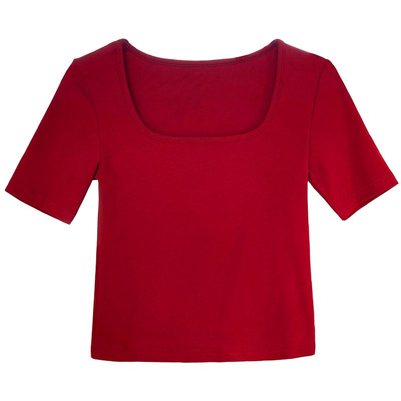 LUXI 2024 Summer Women's Short Sleeve Square Neck Slim Fit T-shirt - Solid Color, High Waist, Exposed Collarbone Style