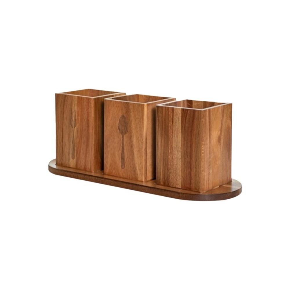 Wooden Tableware Storage Box Large Capacity Flatware Organizer Vintage Utensil Holder  Desktop коричневый