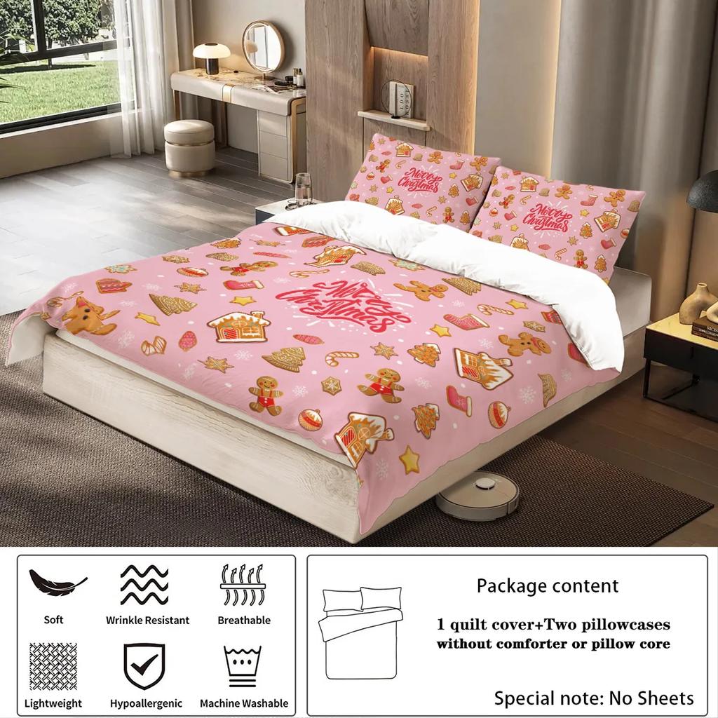 3-piece set of Christmas pink gingerbread man pattern print (1 duvet cover+2 pillowcases, no core) comfortable bedding set
