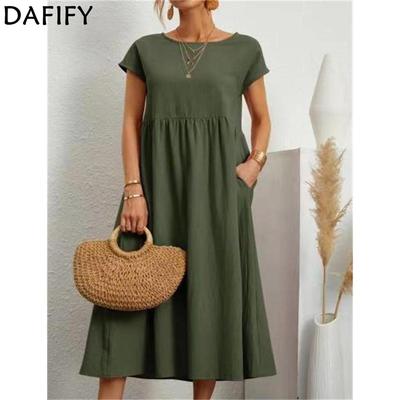 Women's Fashion Summer Spring Solid Color Print Short Sleeve O-Neck Loose Waistline Casual Dresses