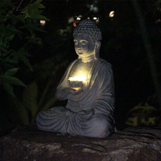 Buddha Statue with Solar Lotus Light Sitting in Meditation Buddha Sculpture Lighted