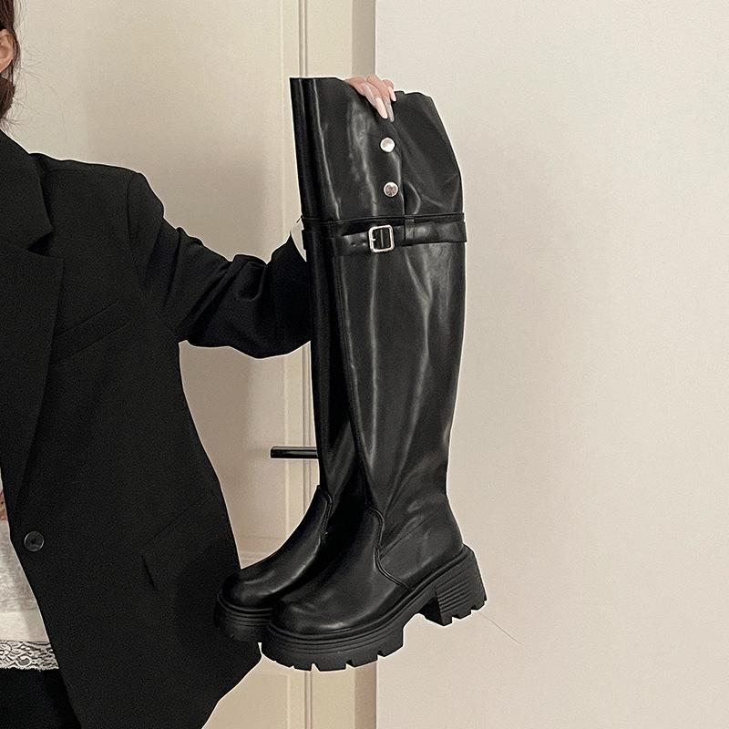 Versatile and thin thick-soled leather boots, fold two, wear knight boots, women's autumn and winter fashion Korean version of thick-heeled boots, kne