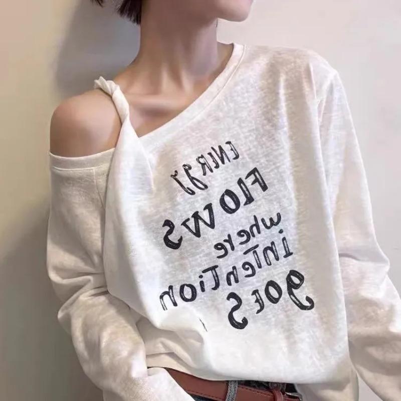 Slant Collar Off-shoulder Letter Print Early Autumn New Loose Long-sleeved Outer Top M