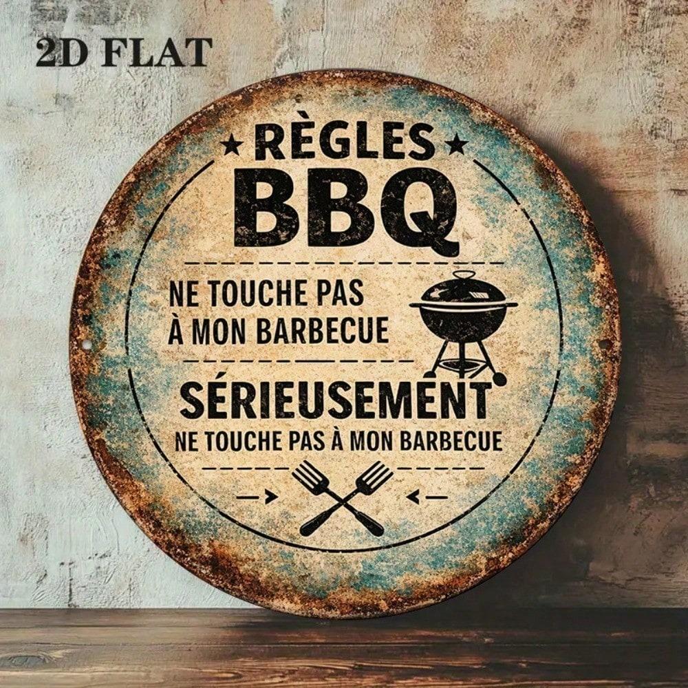 1pc 8x8in Retro BBQ Rules Don't Touch My Grill Sign, Vintage 2D Flat Round Plaque for Patio Kitchen