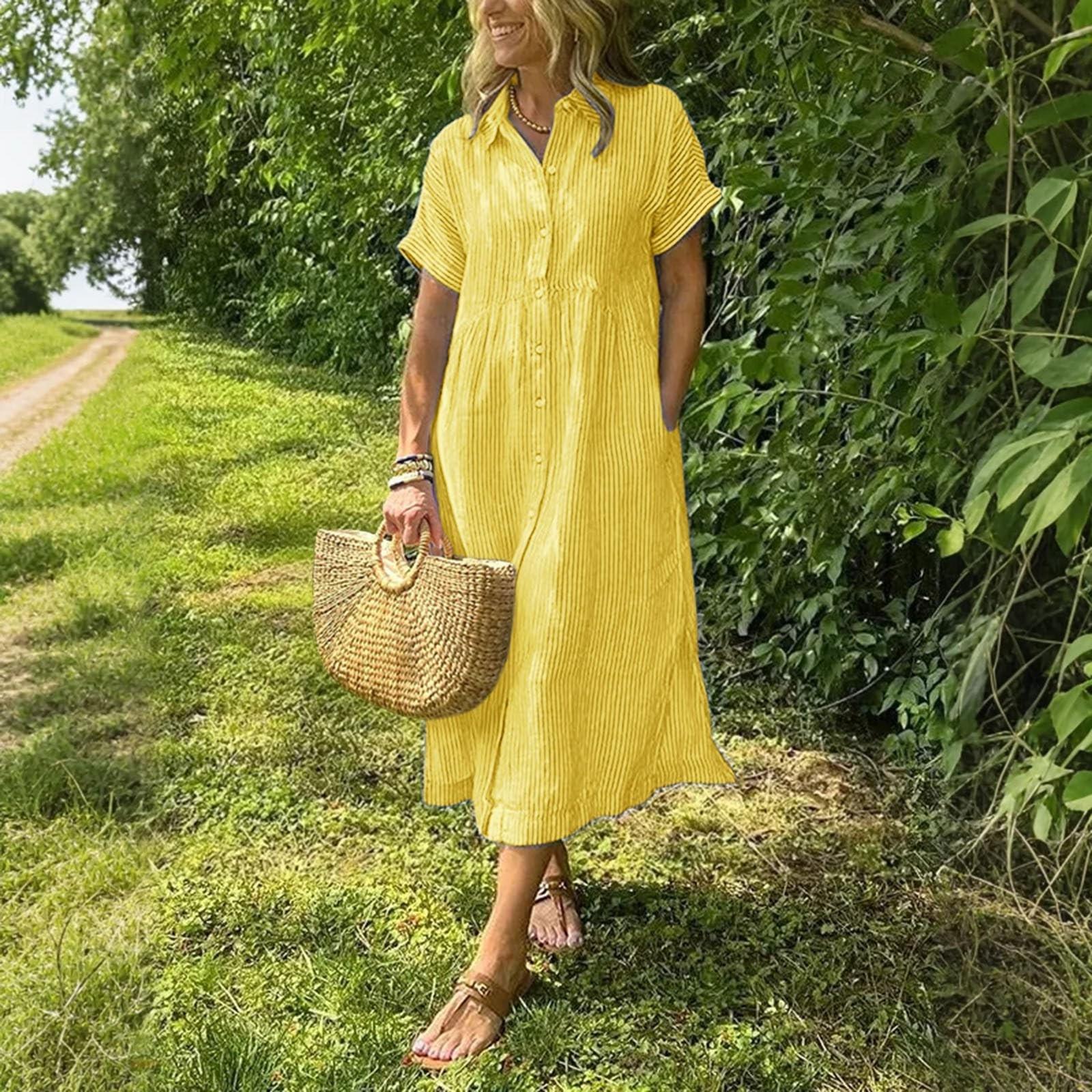 

Женское повседневное хлопково-льняное полосатое платье-рубашка с коротким рукавом и принтом M