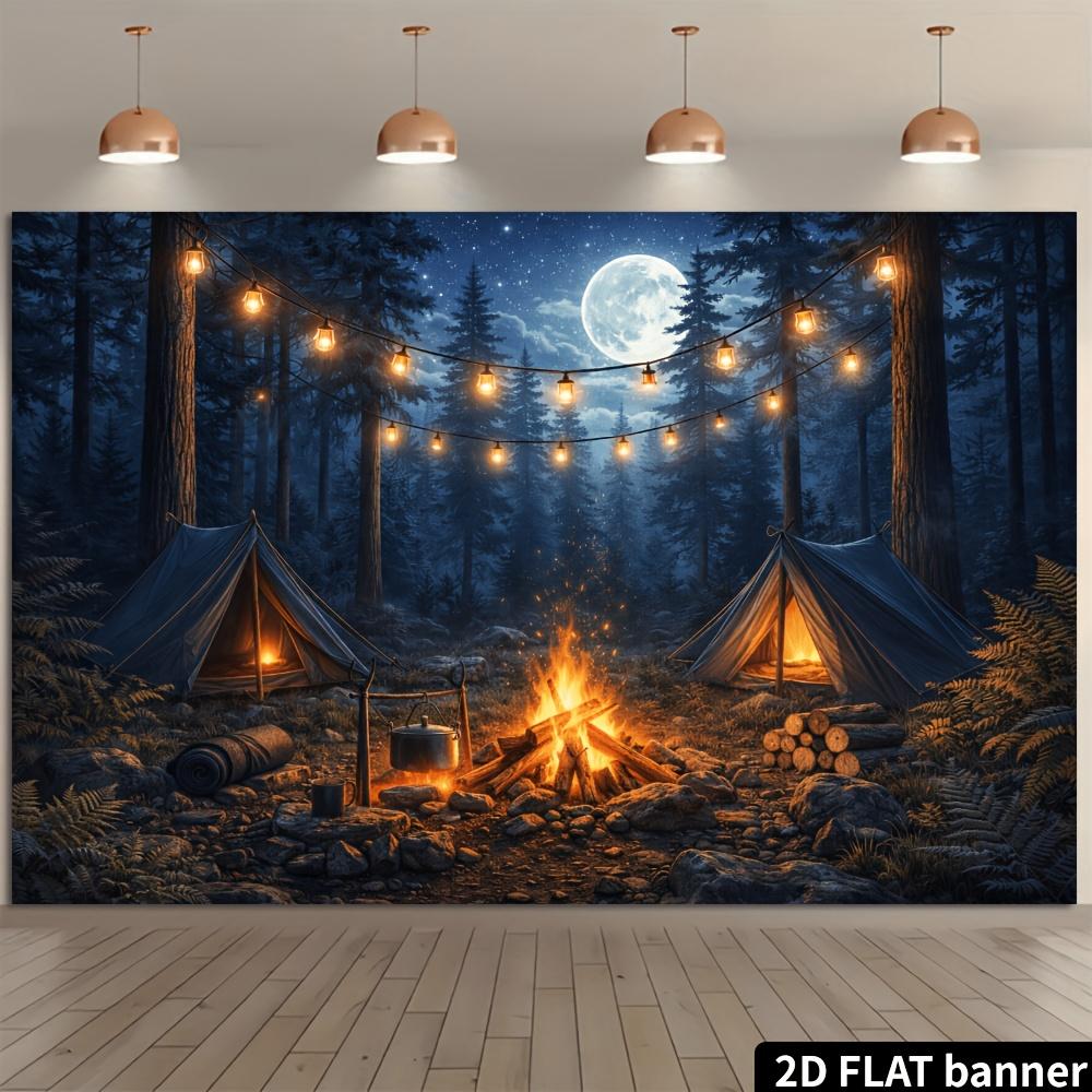 2D Flat Camping Theme Banner Background - Camping In the Forest At Night Theme, Including a Campfire