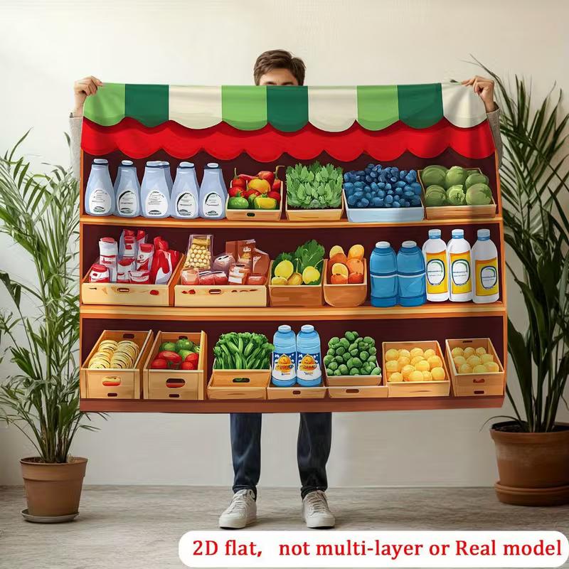 2D Kids Room Tapestry, Grocery Store Shelves with Vegetables & Drinks Decor