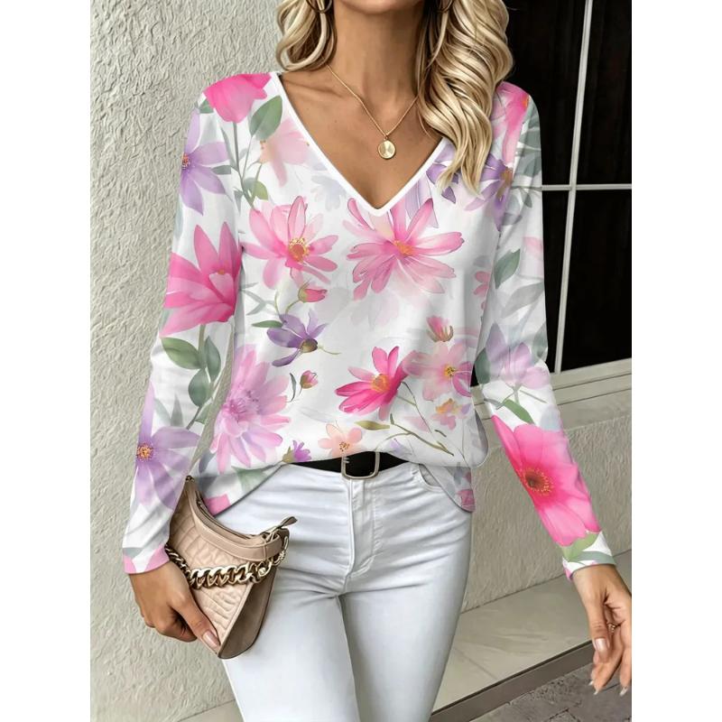 Fashion Women's V-Neck Long Sleeve 3D Animal Color Printing Casual Long Sleeve V-Neck T-Shirt