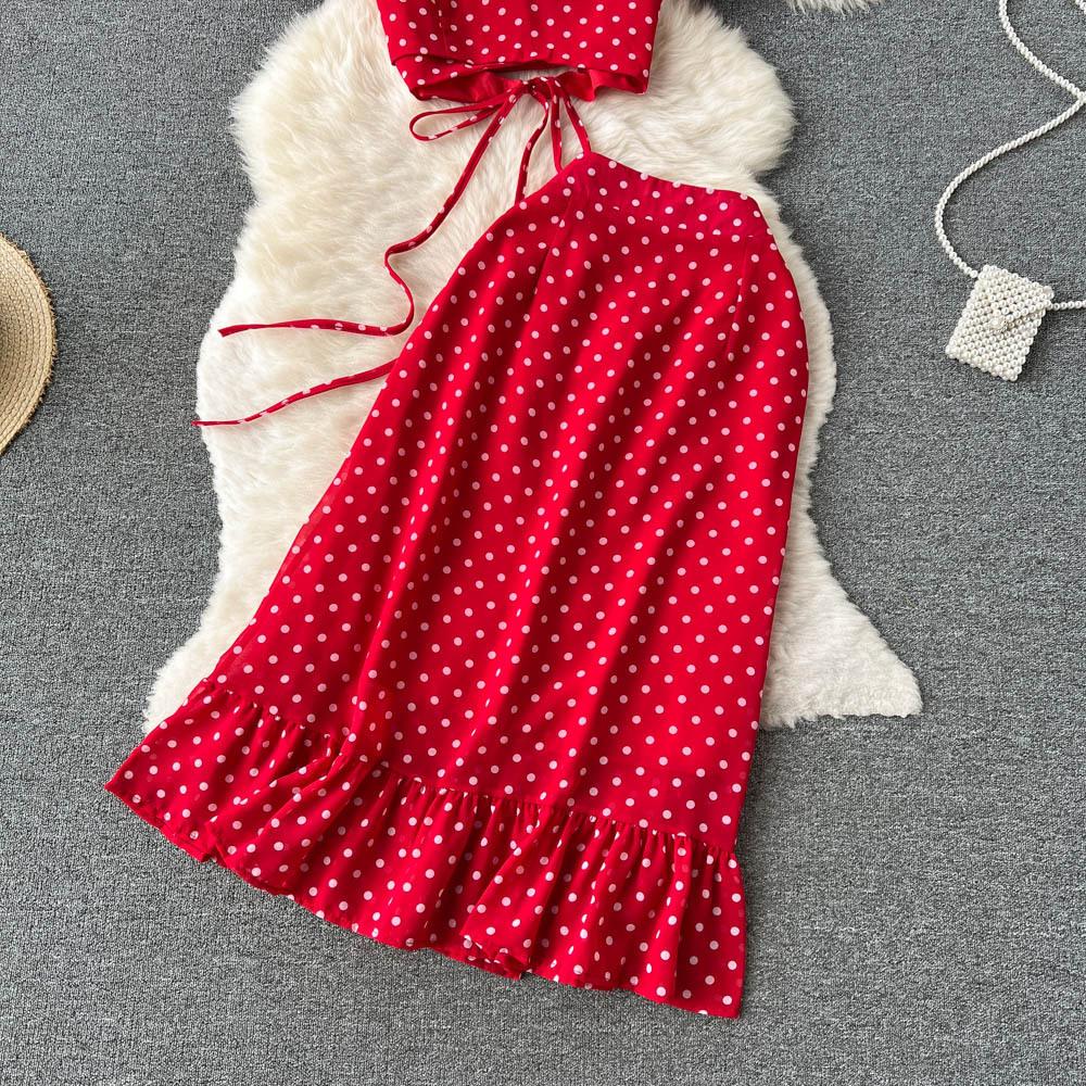 Women Polka Dot Two Piece Set Summer Short Drawstring Tops + High Waist Long Skirt 2pcs Suit Outfits Red Purple Black