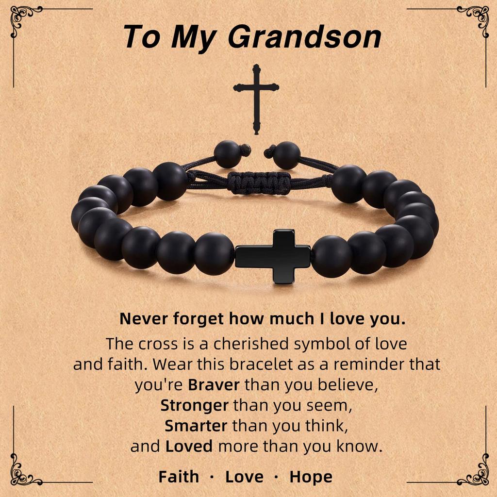 Father's Day Gift Bracelet Black Cross Pendant Black Rope Braided Adjustable 8mm Black Frosted Cross Bracelet