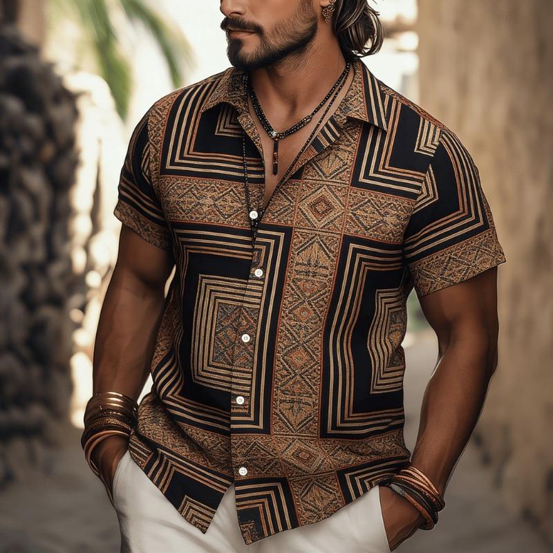 Herren Ethnisch Stammes Geometrischer Print Kurzarmhemd, Vintage Muster Knopfleiste für Frühling Sommer Freizeit