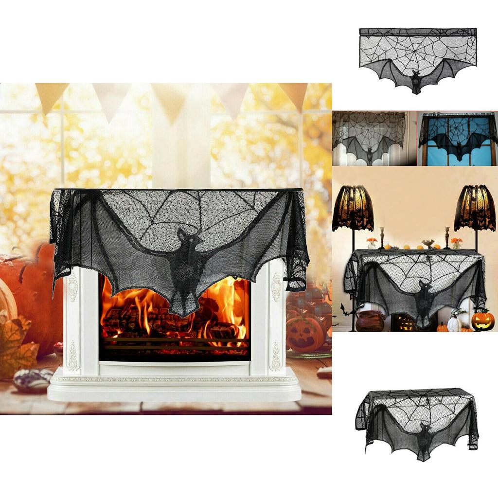 Intricate Black Lace Spider Web Bat Decor For Halloween Fireplace Mantle