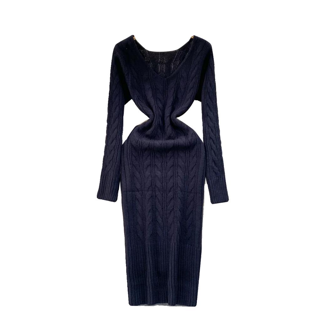 Pull mi-long pour femme, jupe de Base, rétro, fleur torsadée, coupe cintrée, tempérament, col en v, manches longues, robe tricotée, hiver