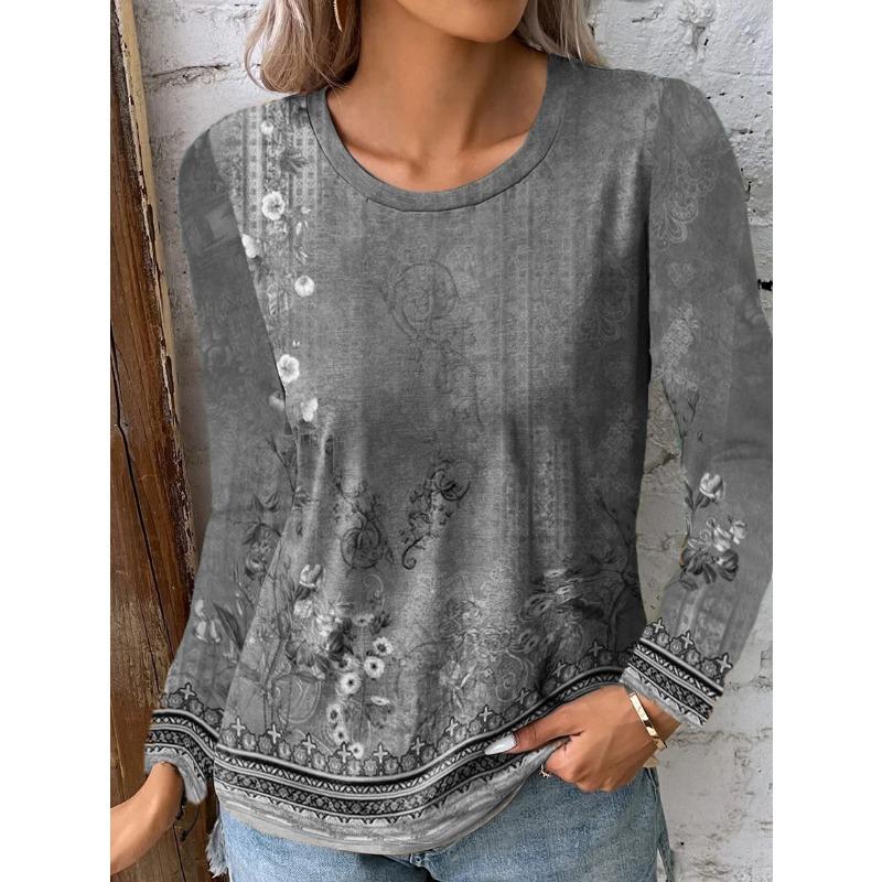 

Жіночий повсякденний топ з круглим вирізом, вільний, вінтажний, з квітковим принтом, з довгим рукавом 5XL сірий
