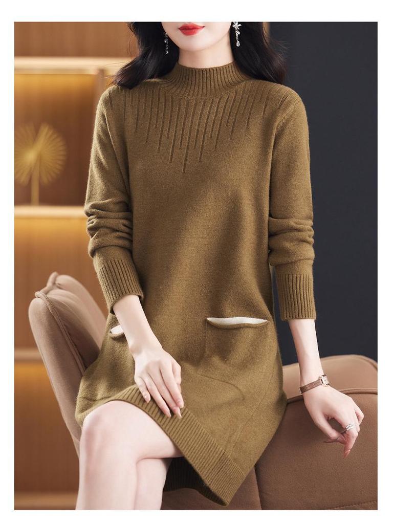 Women's Korean-Style Loose Knit Mid-Length Sweater with Pockets