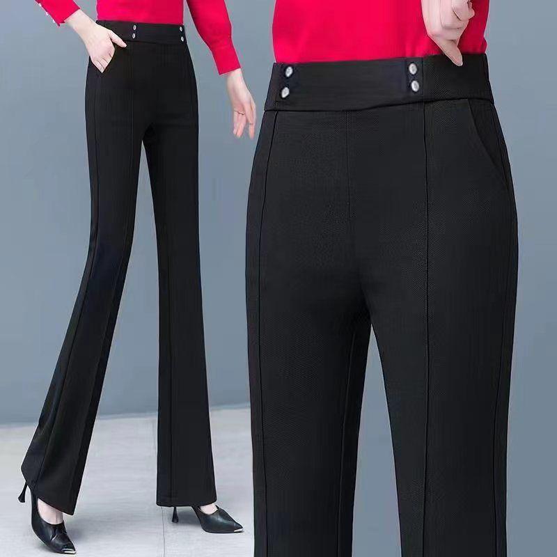Damen Schwarz Hohe Taille Schlaghose Gerade Beine Elastisch Schlank Geschnitten Freizeit Hose