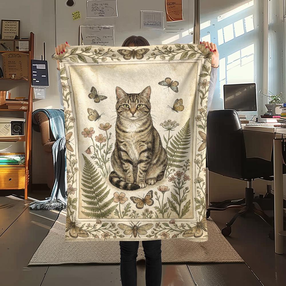 Cat Retro Print Flannel Blanket, High Quality Comfortable for All Seasons, Home Decor, Warmth and Comfort, Perfect for Christmas Gifts08