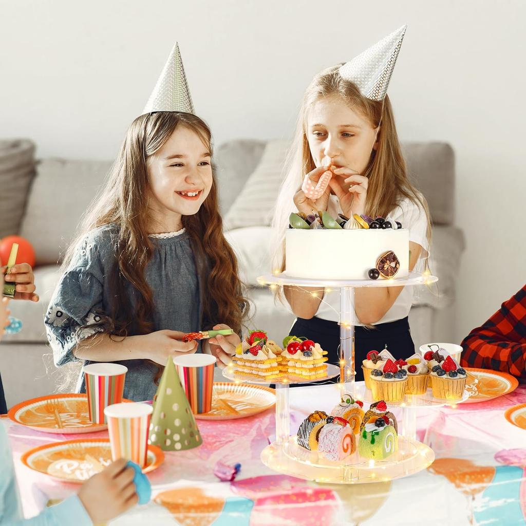 4 Tier Round Acrylic Cake Stand Cupcake Stand Tower Holder with LED Light Dessert Pastry Display Stand for Birthday Wedding Graduation Party Baby