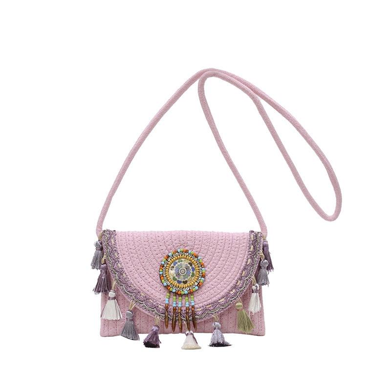 Boho Chic Shoulder Bag With Fringes And Stitching In Cotton Linen For Street Fashion
