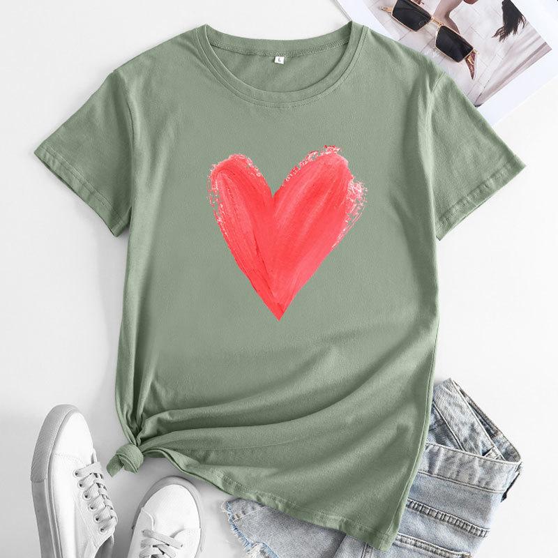 Summer women's plus size heart-shaped printed pure cotton loose round neck short sleeved T-shirts Women's