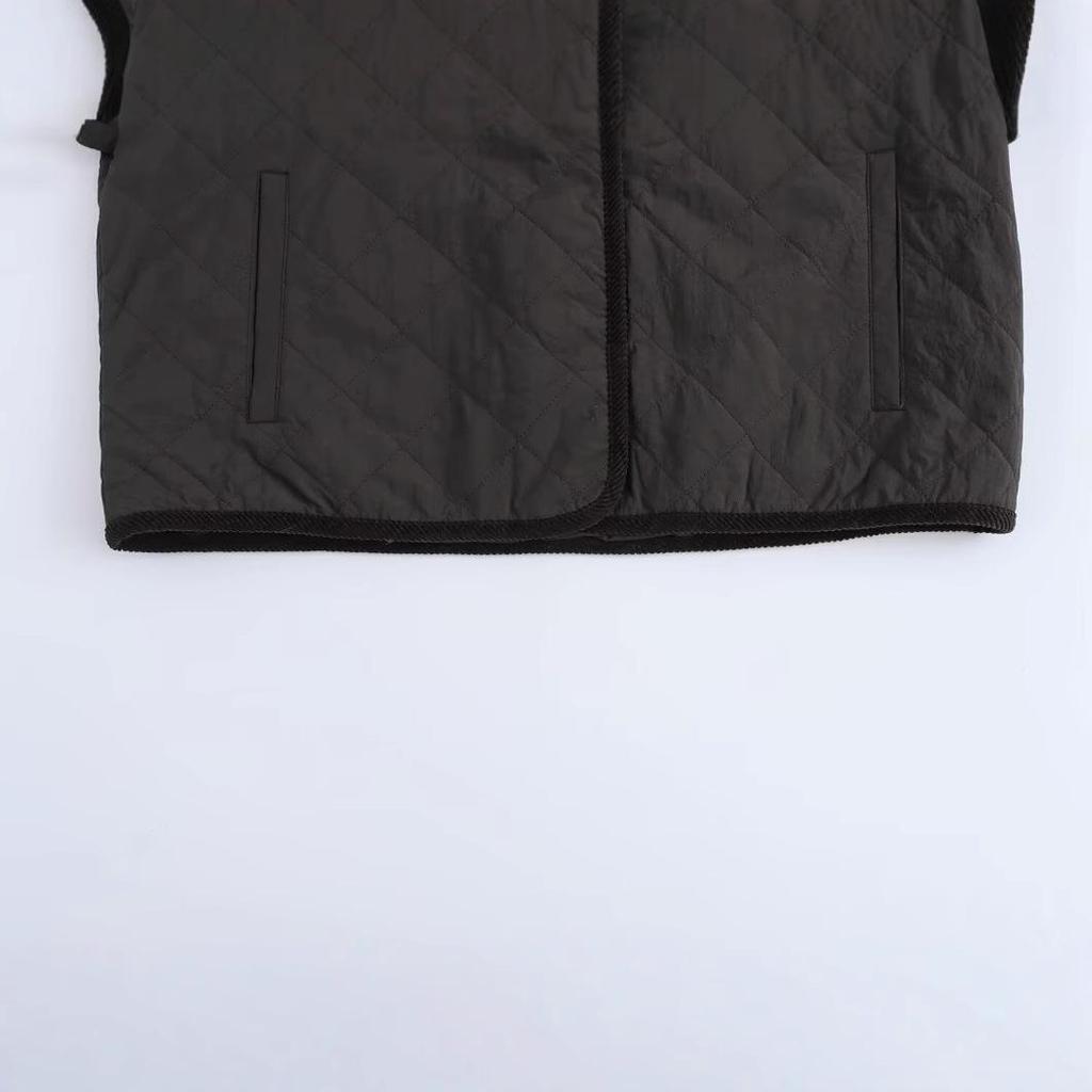 2024 Autumn Women's European & American Style High Neck Diamond Pattern Short Cotton Jacket