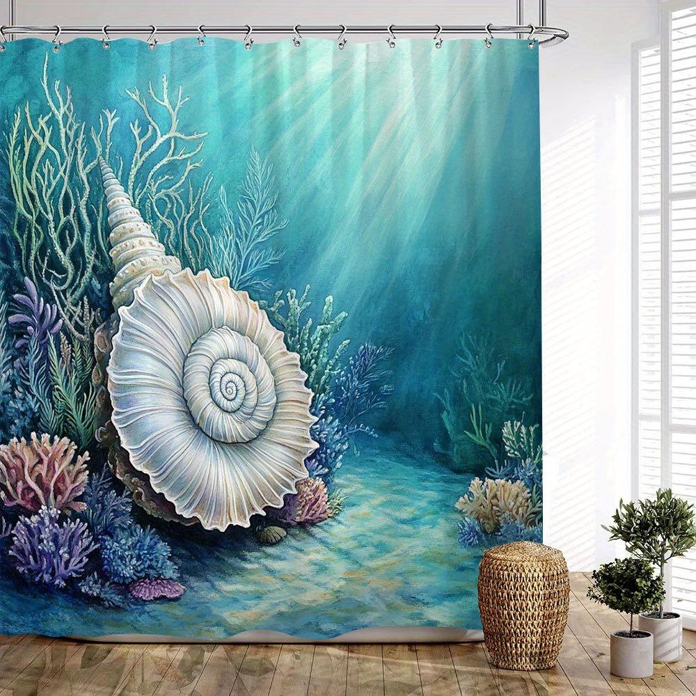 1pc Underwater Fantasy Bath Curtain - Spiral Seashell & Coral Reef Design, Sunlit Ocean Scene with Realistic Marine Life 90x180cm