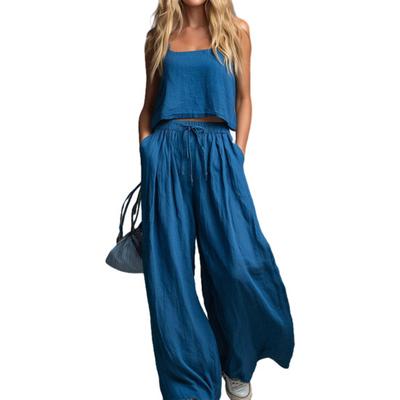 Summer Sleeveless 2 Piece Outfit for Women Casual Crop Cami Top And Wide Leg
