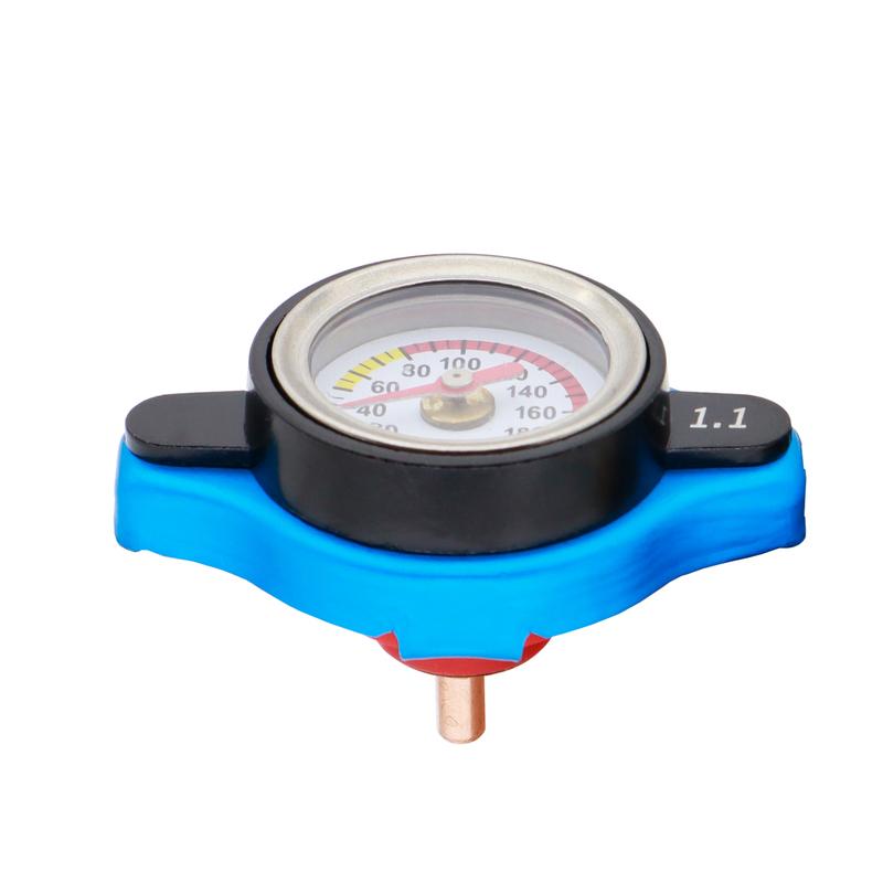OEMASSIVE Racing Engine Radiator High Pressure Cap 1.1 Bar Small Head With Water Temp Gauge Blue Tank Cover Replacement Car Hot